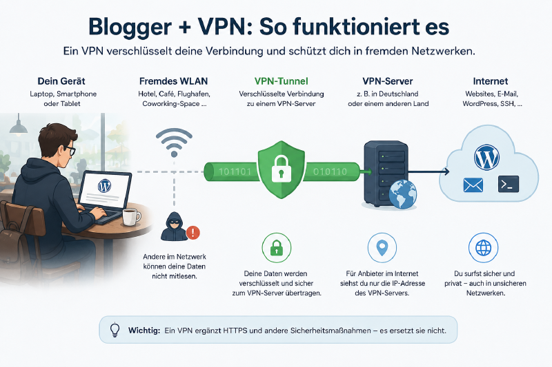 Blogger arbeitet über ein fremdes WLAN und eine VPN-Verbindung mit verschiedenen Internetdiensten