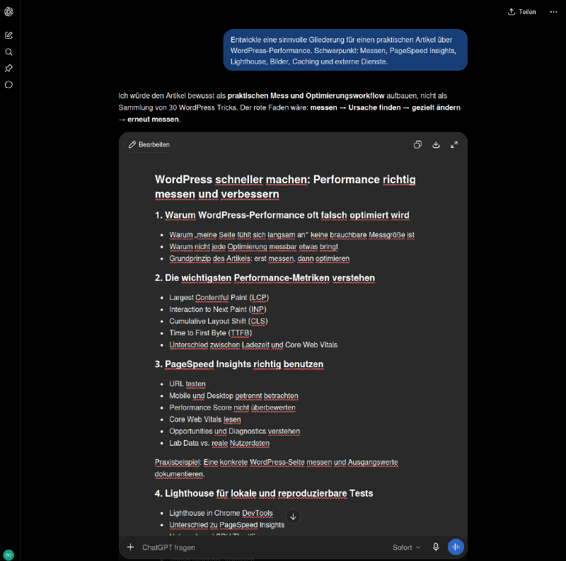 ChatGPT entwickelt eine Gliederung für einen WordPress-Artikel