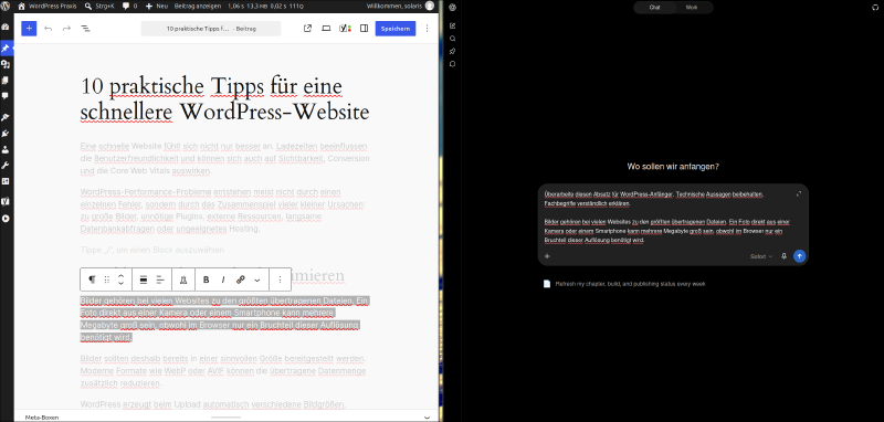 WordPress-Editor und ChatGPT bei der gemeinsamen Arbeit an einem Artikel