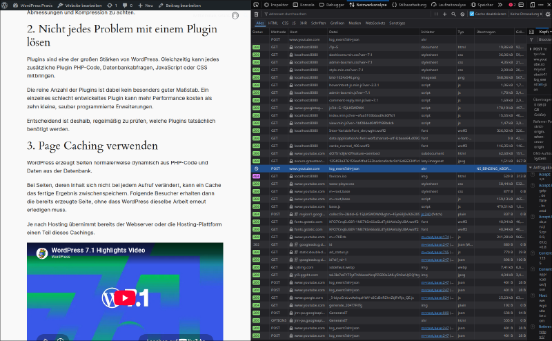 Firefox-Entwicklerwerkzeuge mit der Netzwerkanalyse unserer WordPress-Testseite