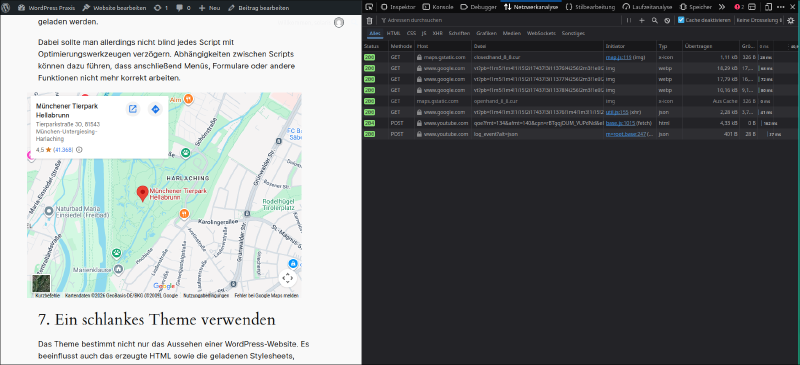 Google-Maps-Requests in der Netzwerkanalyse unserer WordPress-Testseite