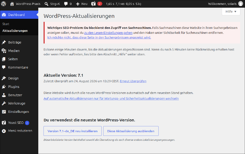 WordPress 7 auf unserer Testinstallation
