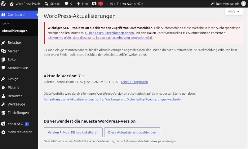 WordPress-Seite für Aktualisierungen