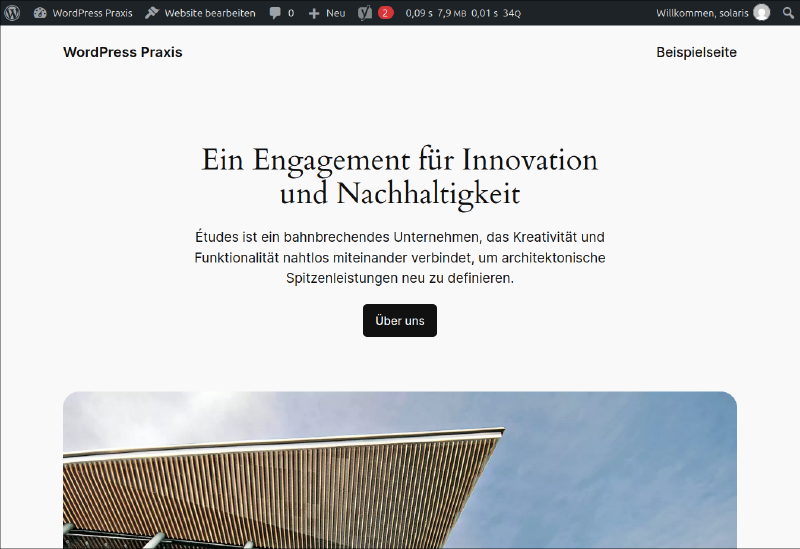 WordPress-Testwebsite auf einem Desktop-Bildschirm