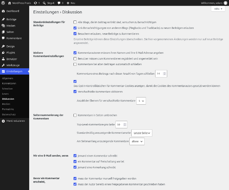 Einstellungen für Kommentare und Diskussionen in WordPress