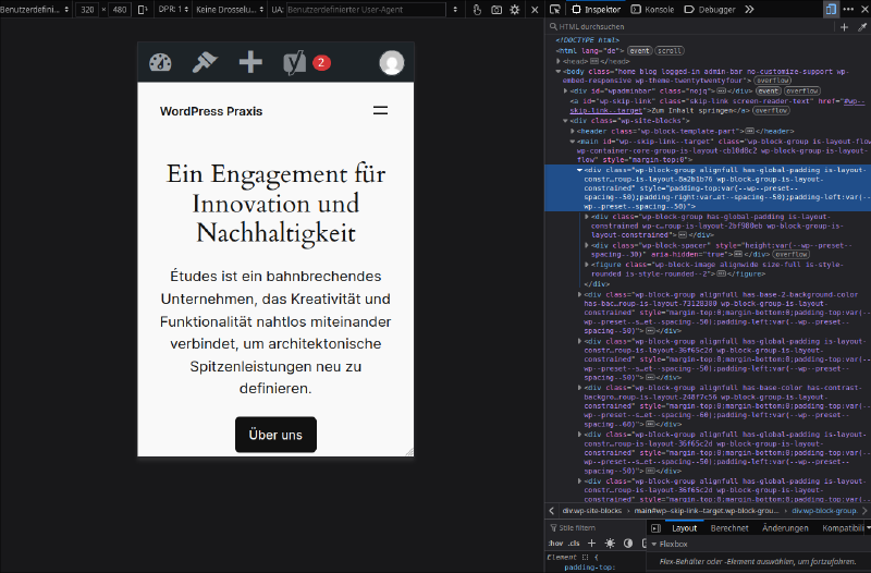 WordPress-Testwebsite in der mobilen Darstellung