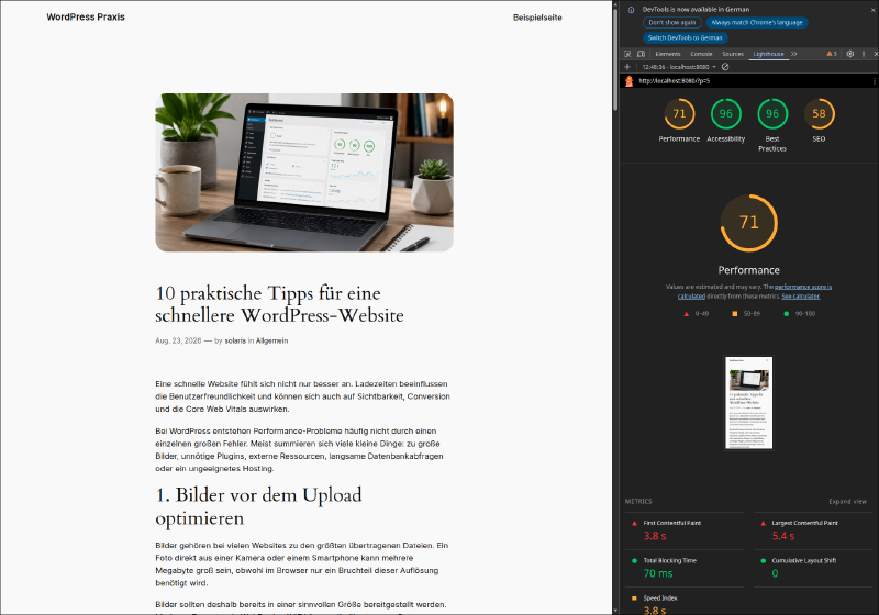 Lighthouse-Analyse unserer WordPress-Testseite