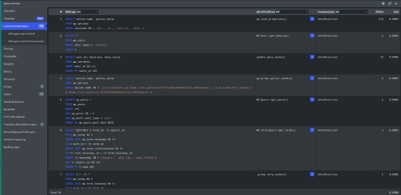 Query Monitor mit Datenbankabfragen nach WordPress-Komponenten