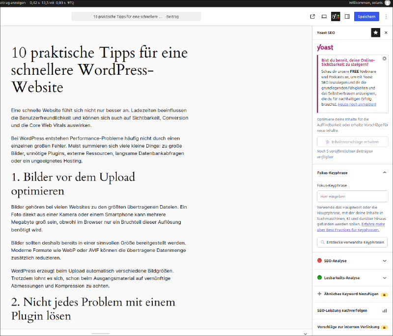 Yoast SEO im WordPress-Beitragseditor