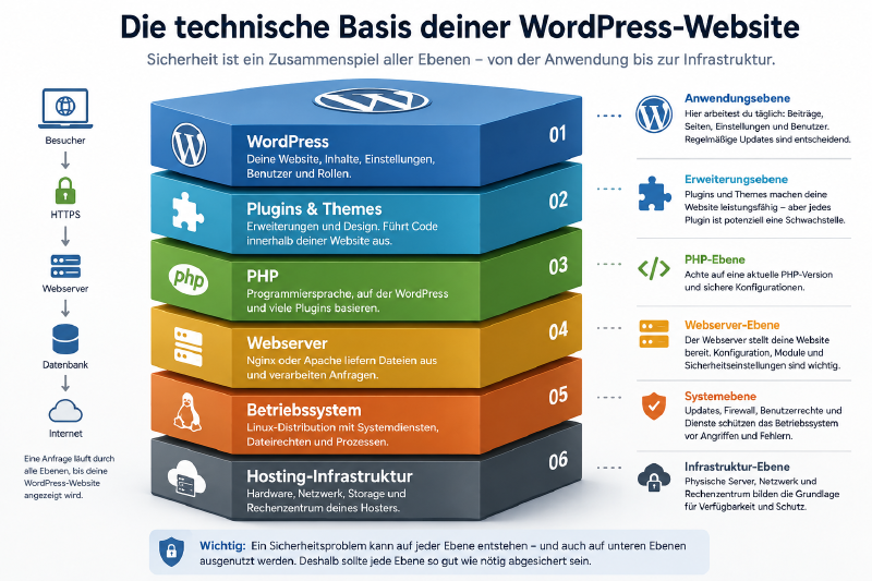 Technische Ebenen einer WordPress-Website vom Hosting bis zur Anwendung