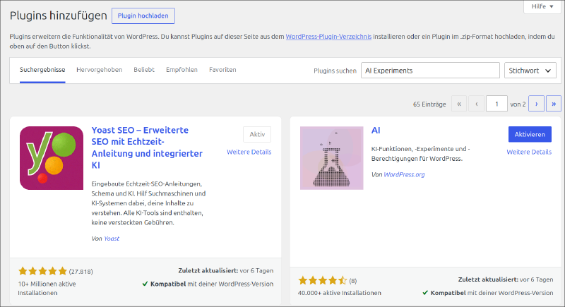 Das offizielle AI Plugin in der WordPress-Pluginverwaltung
