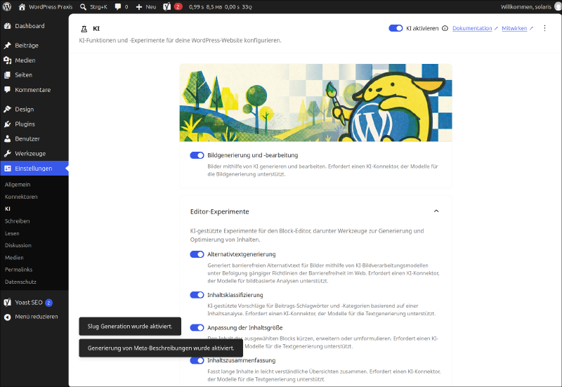 Aktivierung der KI-Funktionen im WordPress AI Plugin