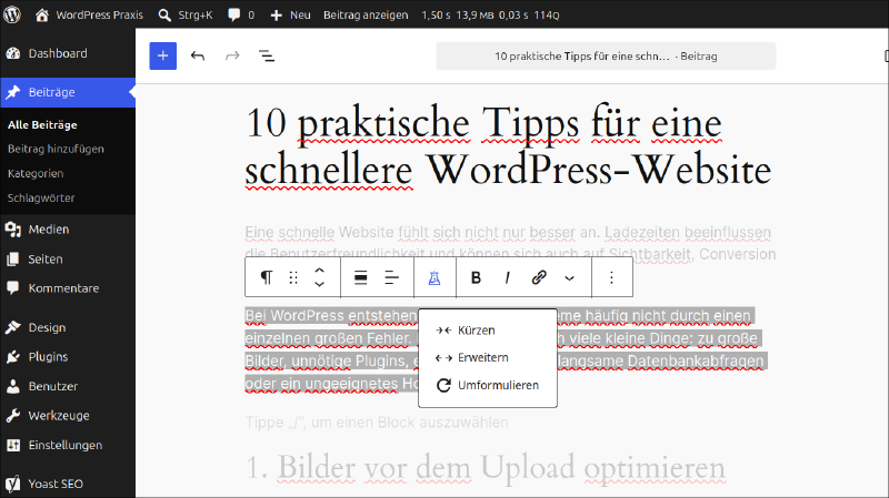 KI-Funktion direkt im Gutenberg-Editor
