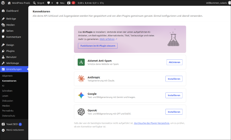 Verfügbare KI-Connectoren im WordPress AI Plugin