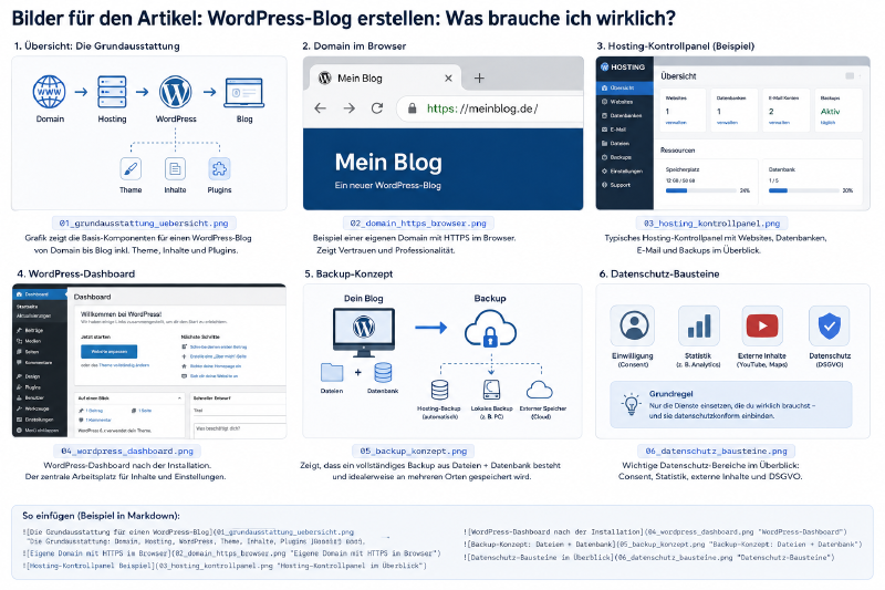 Grundausstattung für einen WordPress-Blog mit Domain, Hosting, WordPress, Backups und Datenschutz